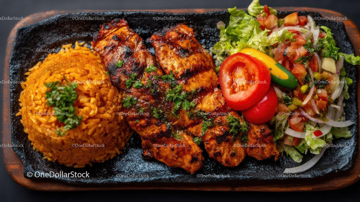 Grilled Chicken with Spicy Rice and Fresh Vegetable Salad
