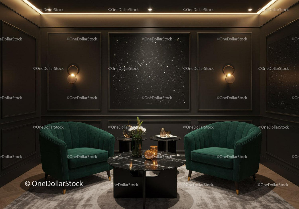 Elegant dark lounge with green velvet armchairs