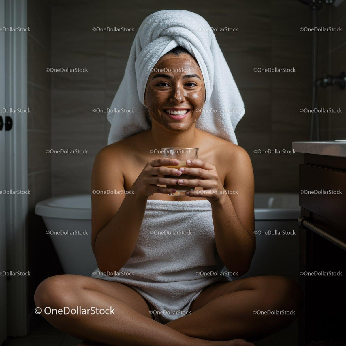 Happy Woman with Facial Mask Wearing Towel in Bathroom