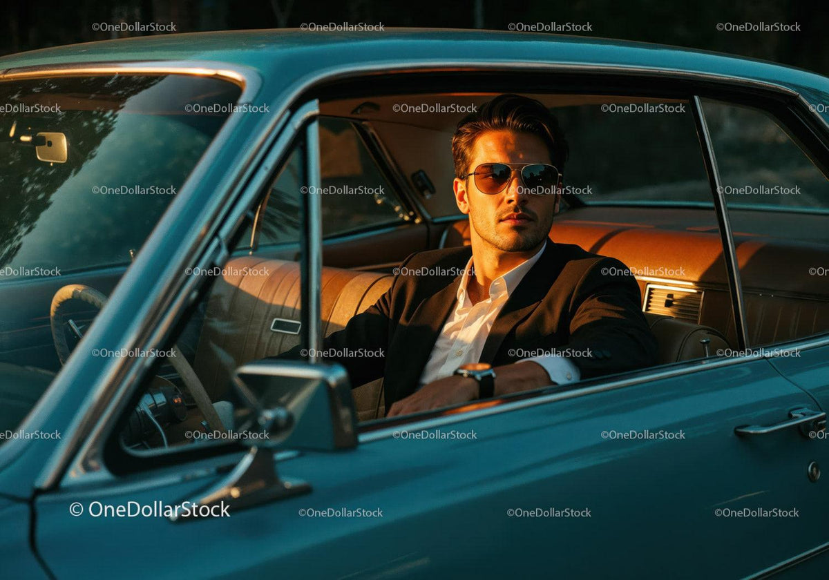 Stylish Man in Sunglasses Sitting in Classic Vintage Car at Sunset Stock Photo Bundle preview 31