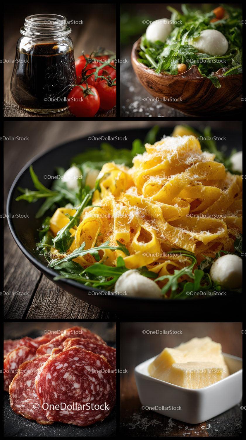 Fresh Salad with Mozzarella and Greens Served on Rustic Style Table