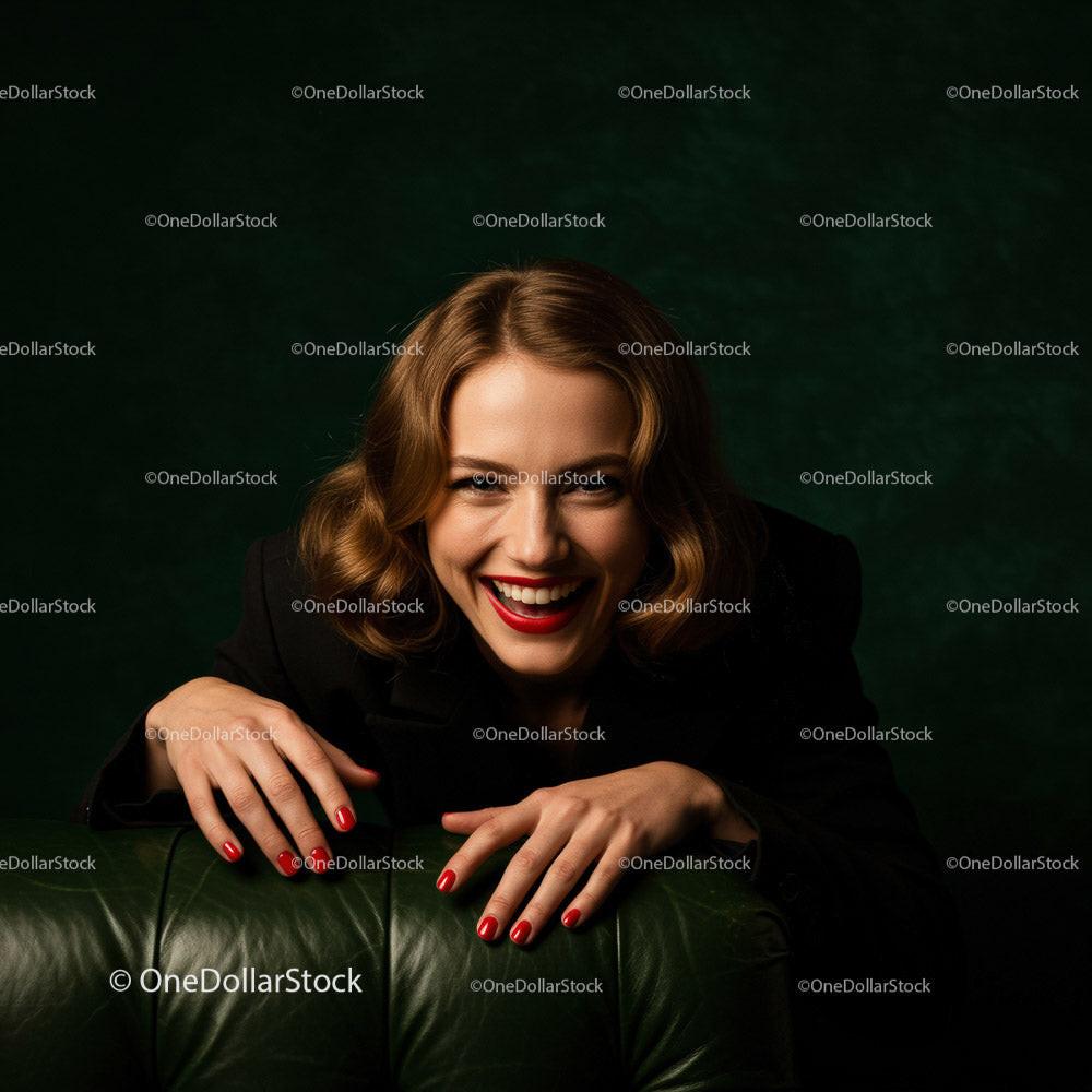 Confident Smiling Woman in Stylish Attire Sitting on Leather Sofa Stock Photo Bundle preview 15