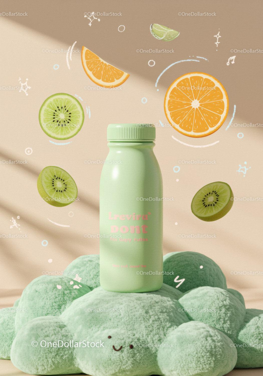 Green bottle on soft textured surface with floating fruits