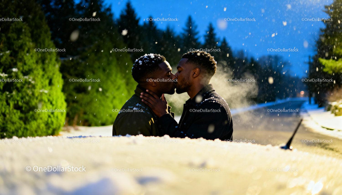 Couple Sharing a Tender Kiss Outdoors in Winter Snow