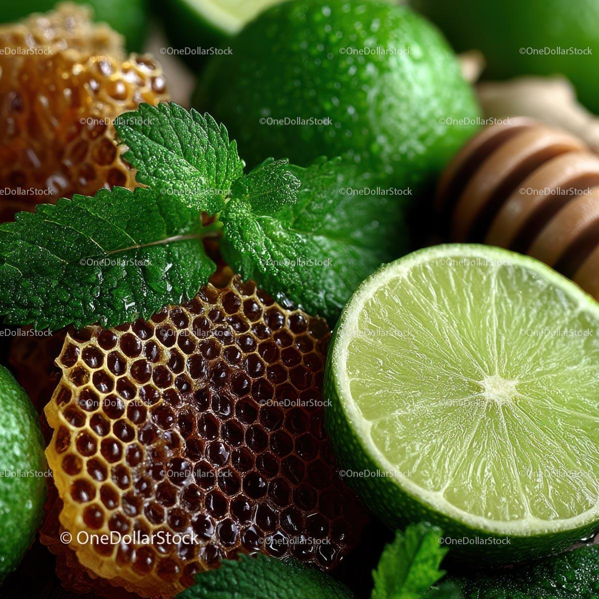 Fresh Limes, Mint Leaves and Honeycomb for Delicious Recipes Stock Photo Bundle preview 18
