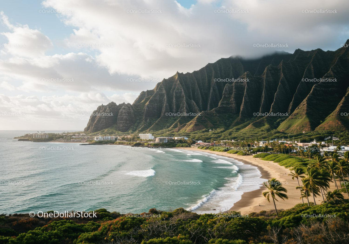 Tropical Beach with Mountain Cliffs and Lush Green Hills