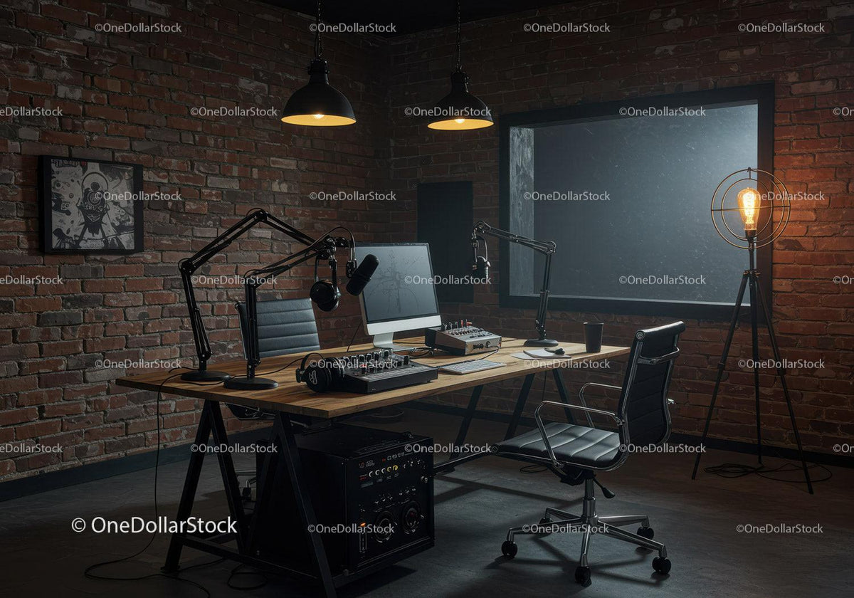 Modern Podcast Recording Studio with Equipment and Brick Wall