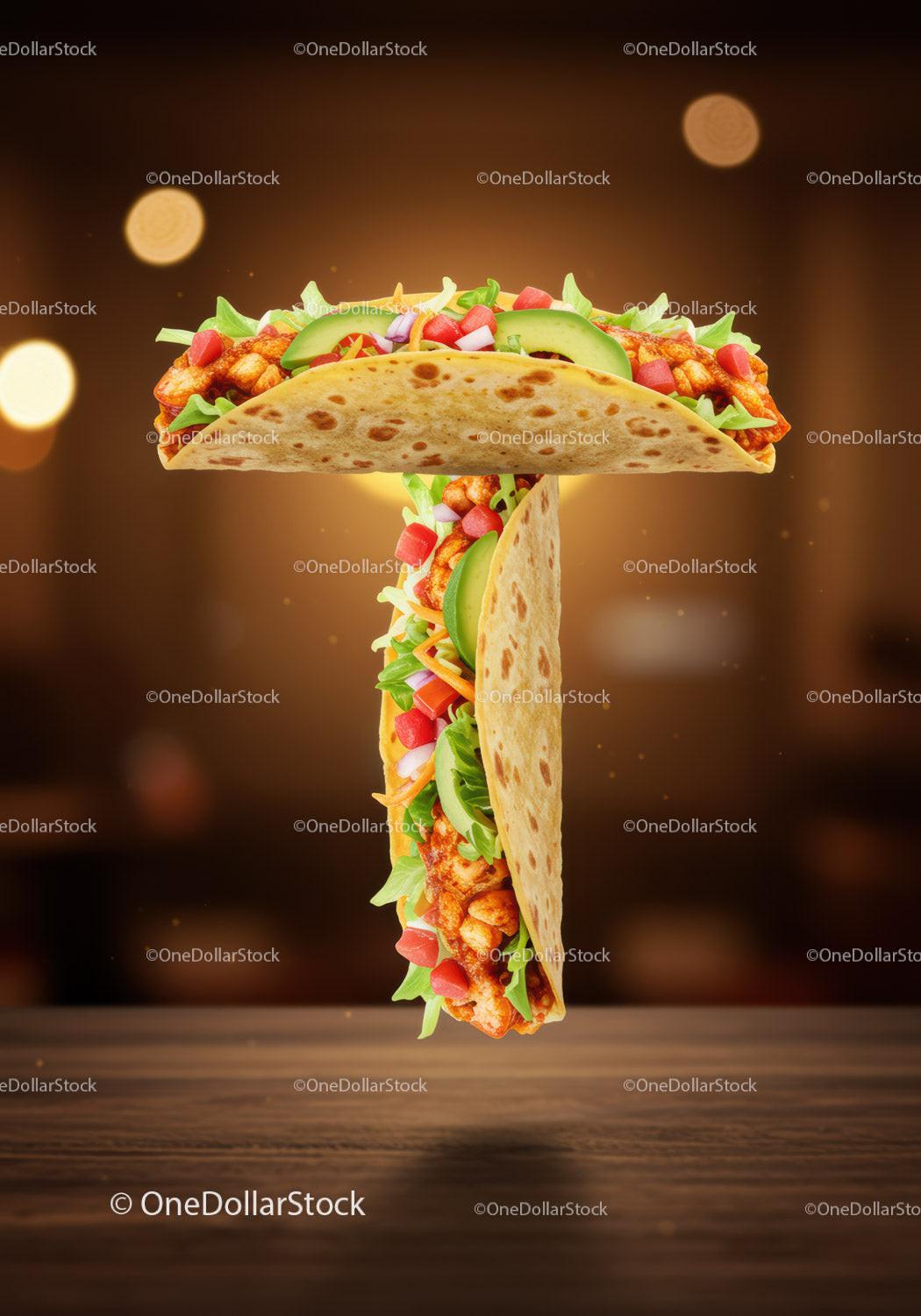 Taco shaped like letter T with fresh ingredients