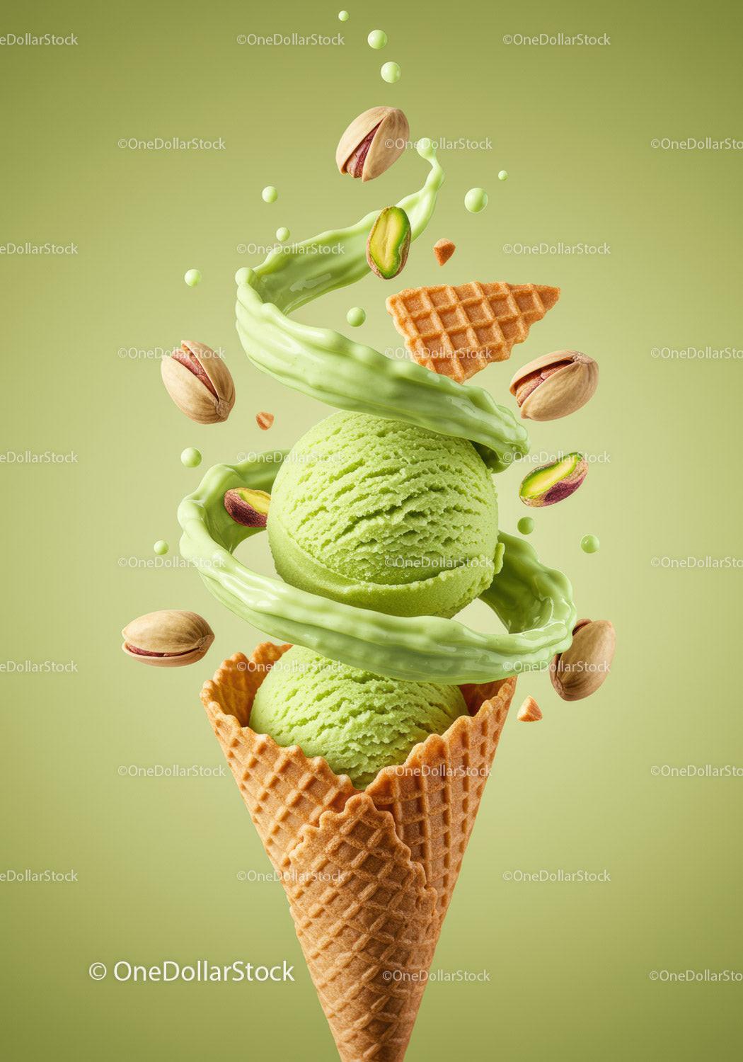 Refreshing pistachio ice cream with crispy waffle cone