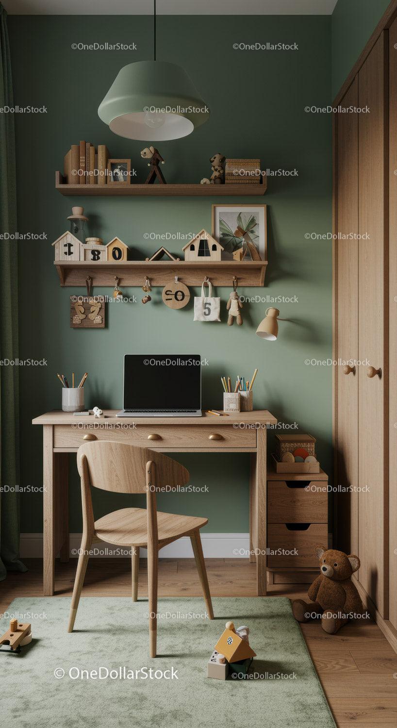 Cozy Children's Room with Wooden Furniture and Playful Decor