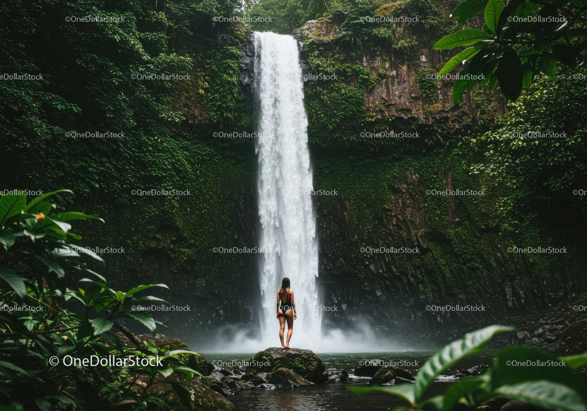 Lush Jungle Waterfall with Woman Standing on Rocks