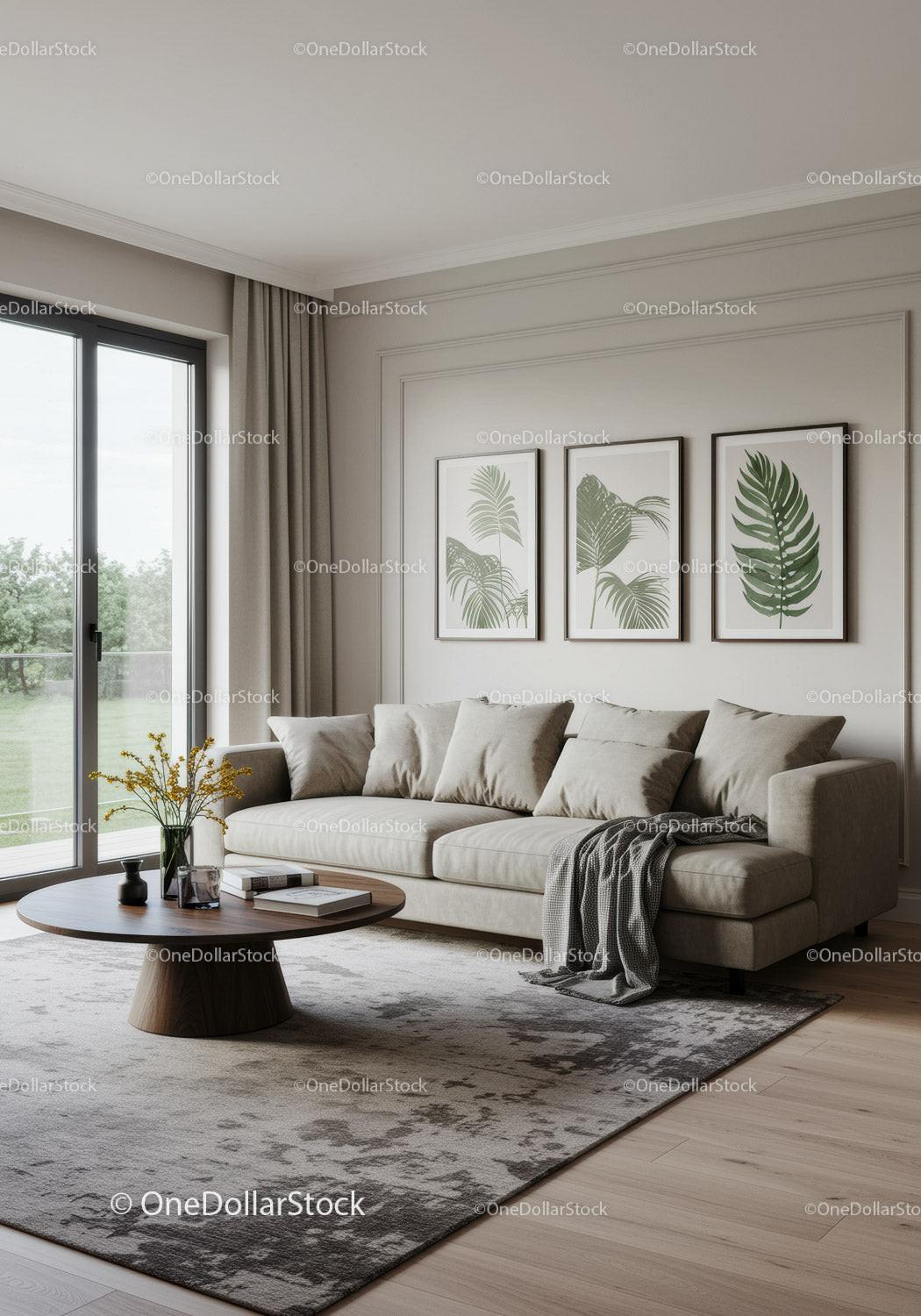 Elegant Modern Living Room with Tropical Leaf Art and Natural Light