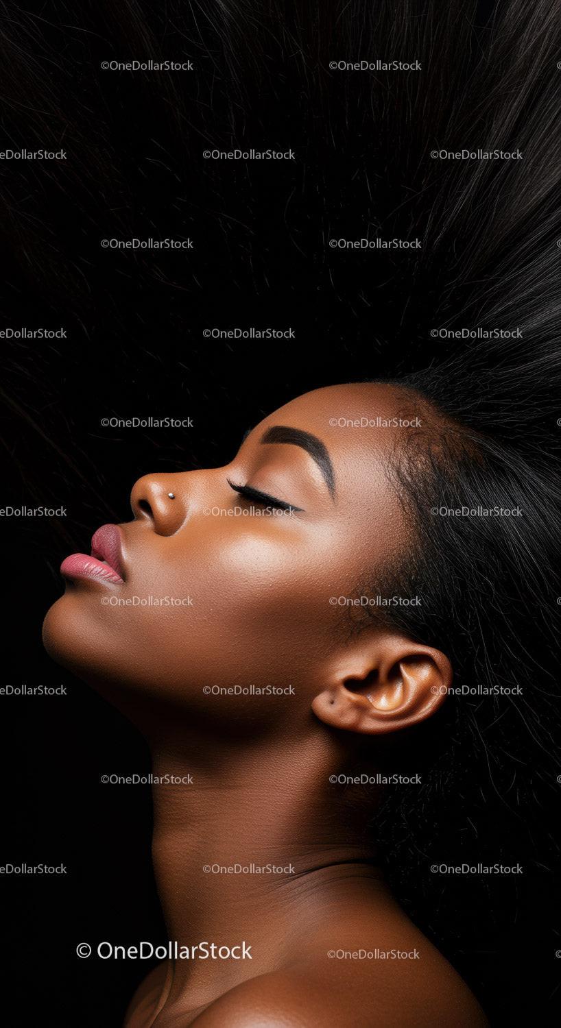 Serene profile of woman with flowing natural hair