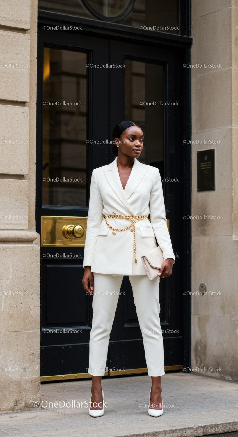 Elegant woman in white suit stands confidently outdoors