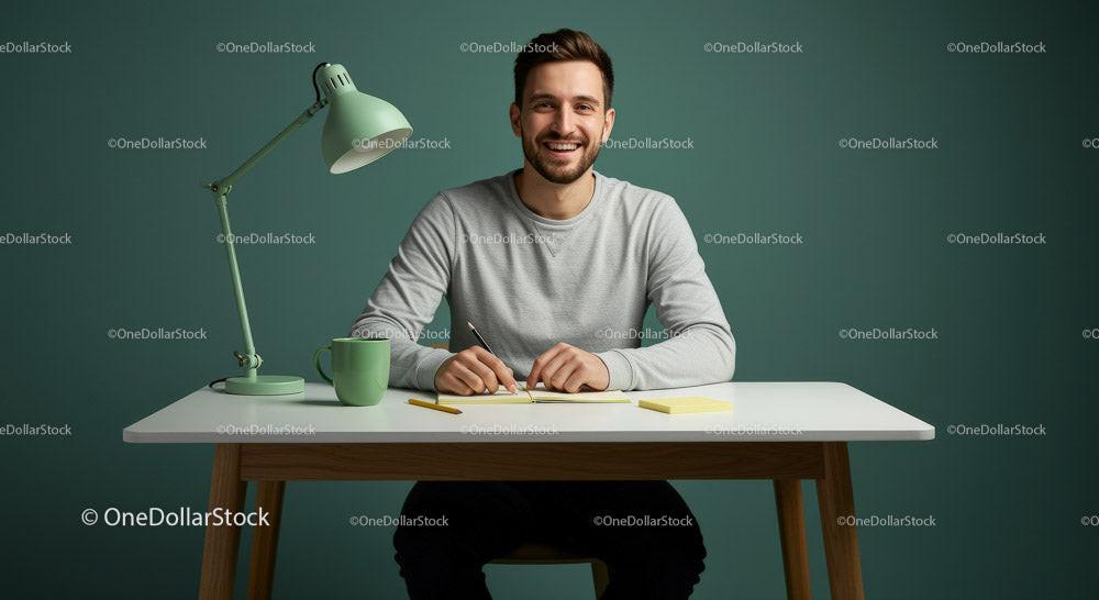 Smiling Young Man at a Modern Desk with Green Accents Stock Photo Bundle creative preview 4