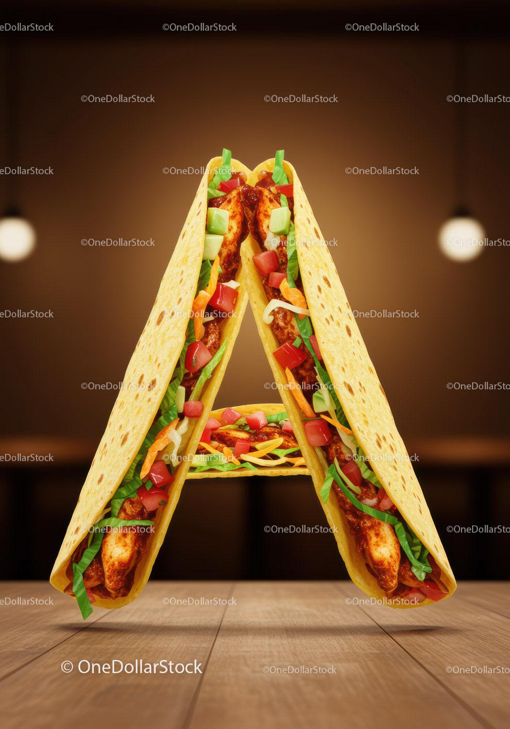 Letter A shaped from three delicious chicken tacos
