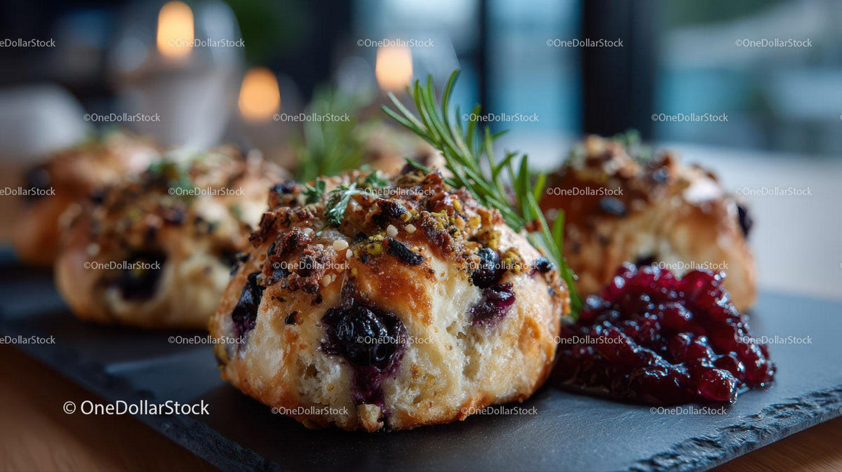 Blueberry Scones with Fresh Berries on a Rustic Slate Plate
