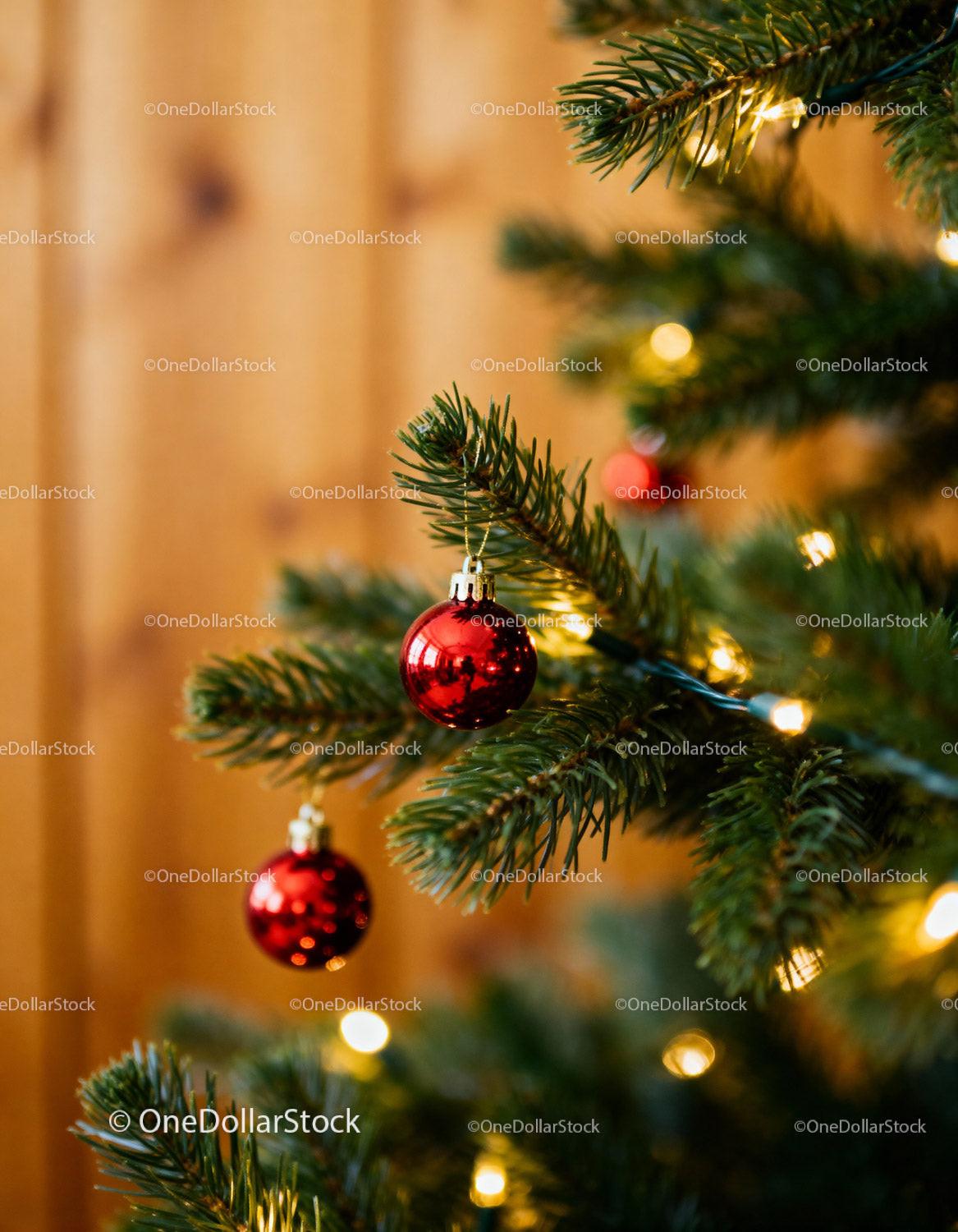 Red baubles hanging on a lit Christmas tree branch