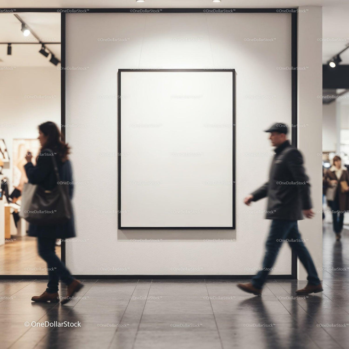 Modern art gallery with blank canvas and passing visitors JPG Mockup Image preview