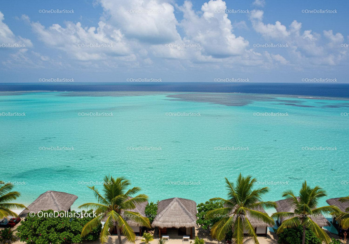 Tropical Ocean with Palm Trees and Beach Huts Under Clear Sky