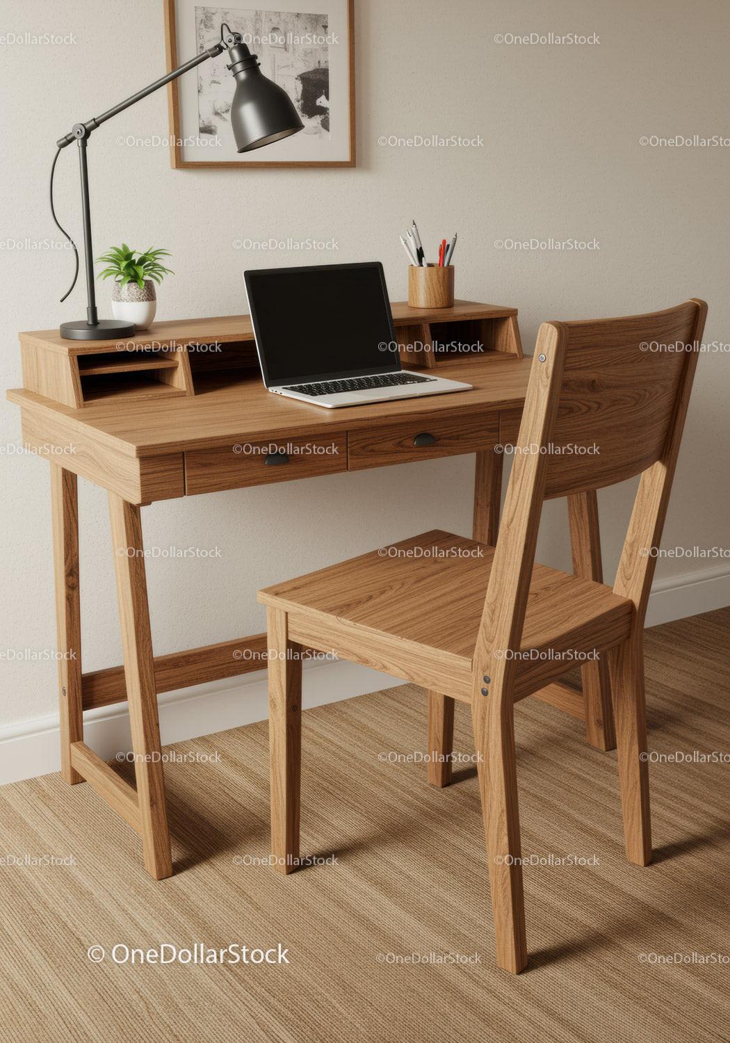 Modern Wooden Desk with Laptop and Office Accessories