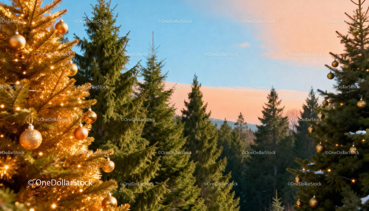 Festive Christmas Trees Illuminated at Sunset Forest