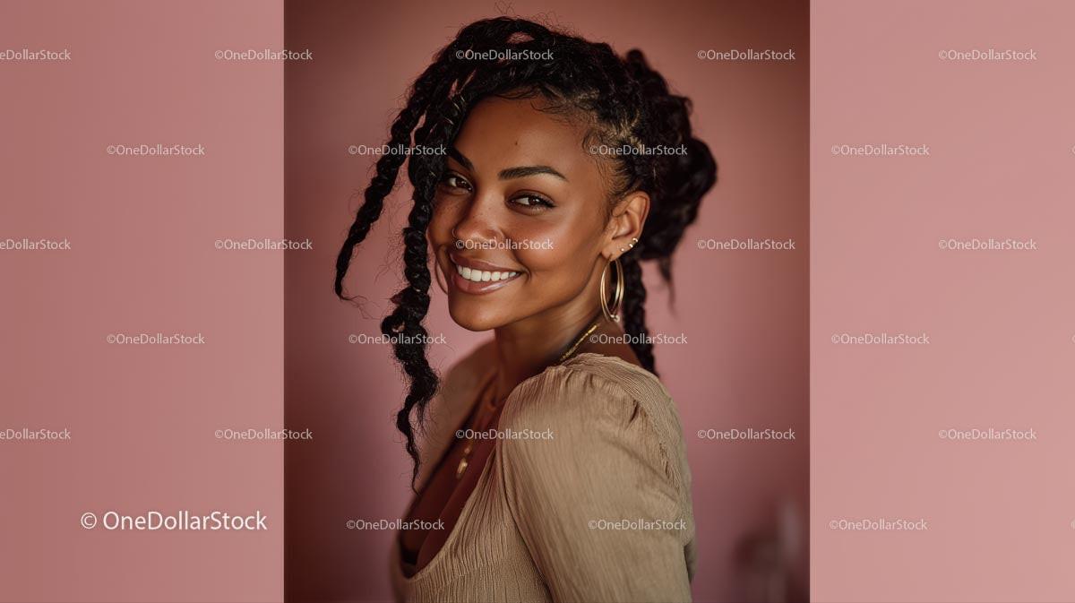 Joyful Smiling Woman with Braids and Golden Jewelry Portrait Stock Photo Bundle preview 9