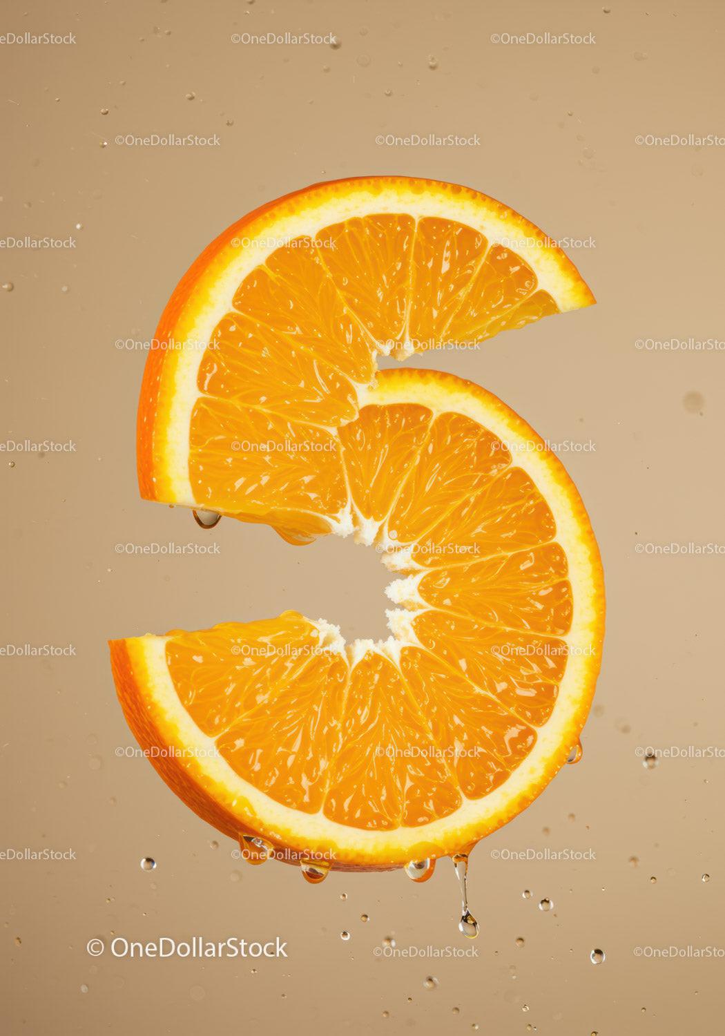 Fresh Orange Slice Shaped Like Number Three with Droplets