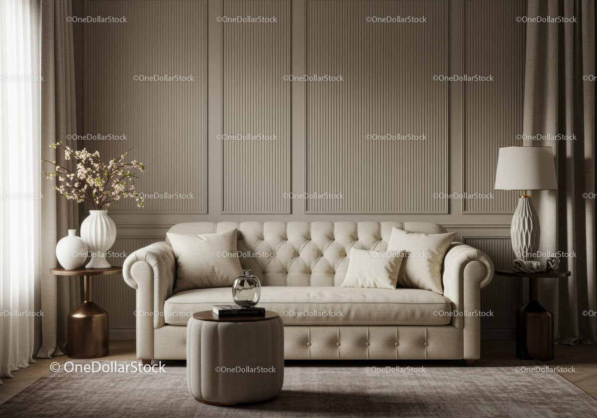 Elegant beige sofa in classic living room interior