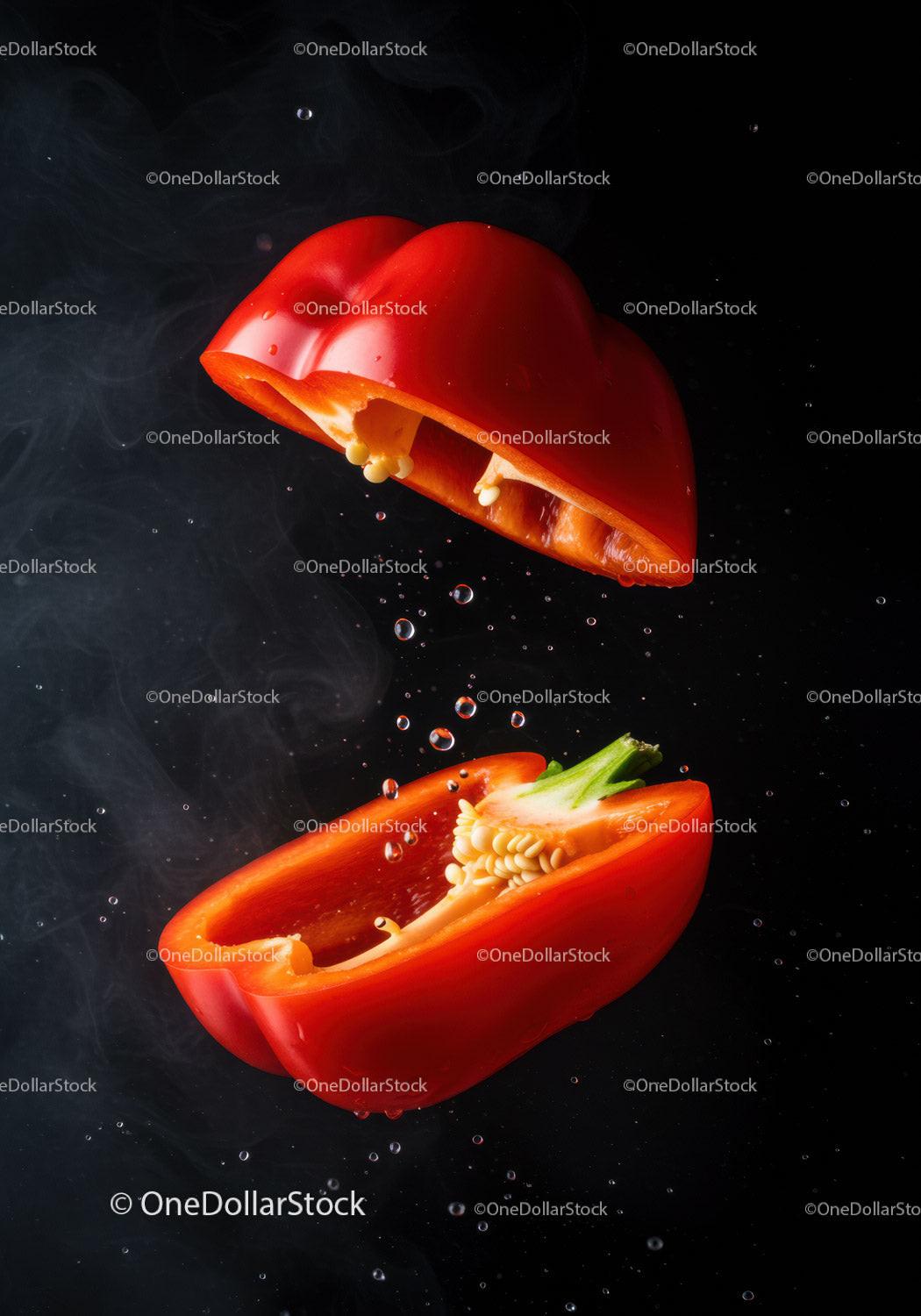 Fresh red bell pepper split with water droplets
