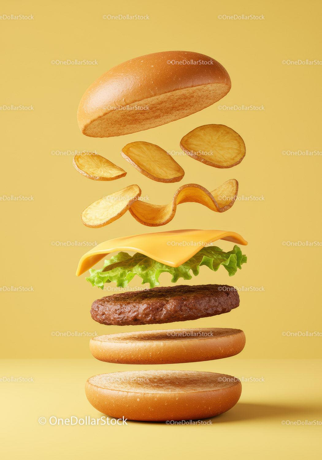 Layered cheeseburger with chips and fresh lettuce