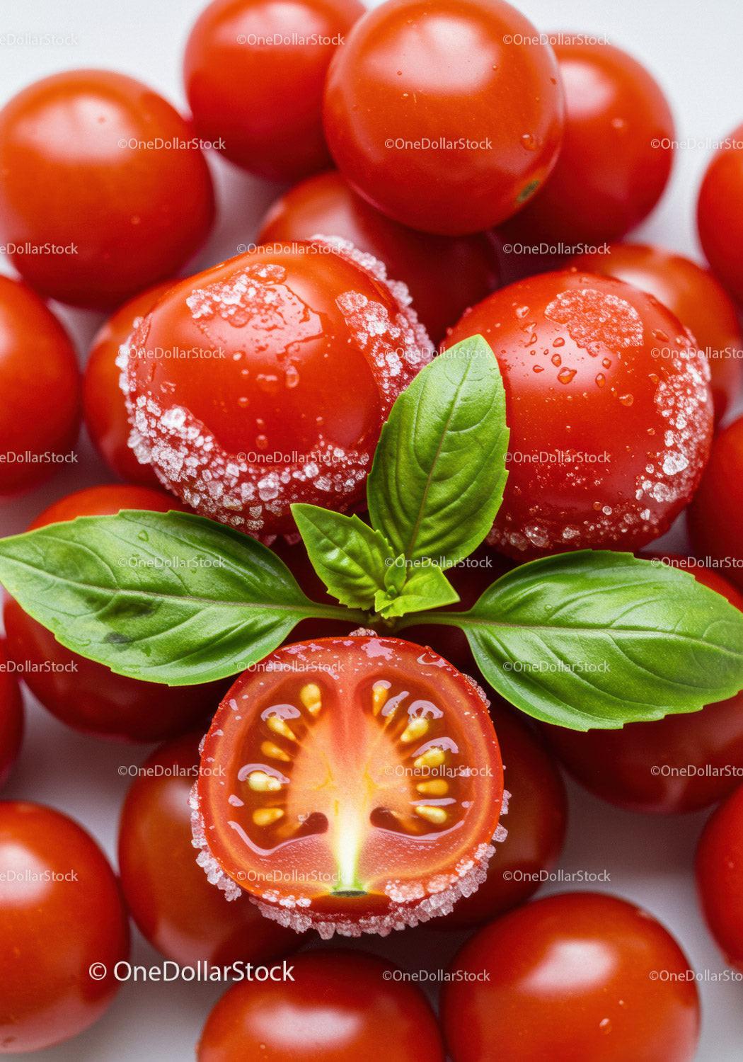 Fresh cherry tomatoes with salt and basil leaves