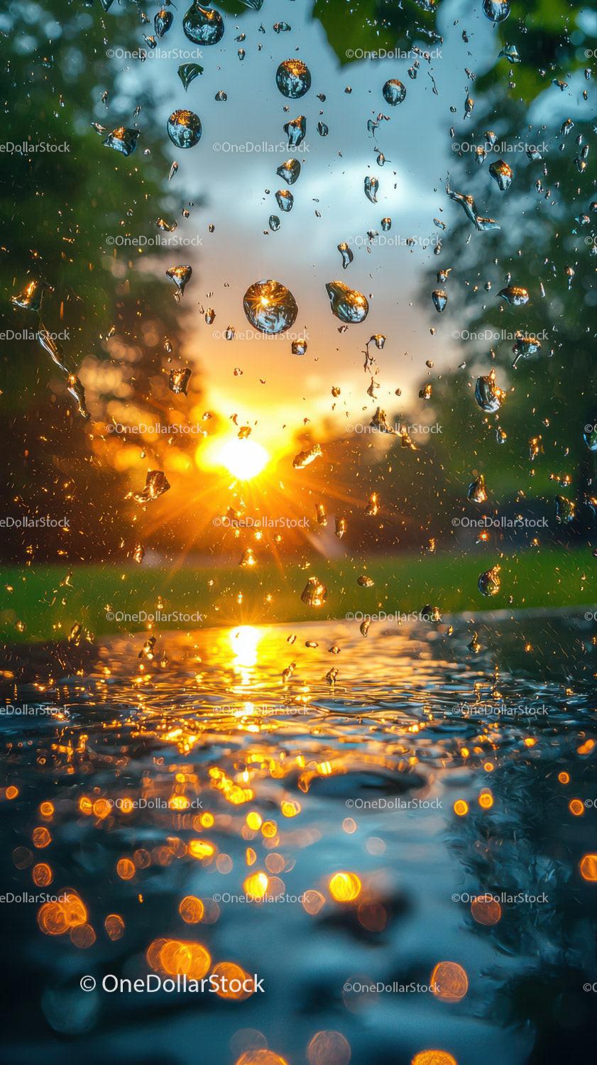 Sunset Water Droplets and Reflection Over Calm Lake Scene