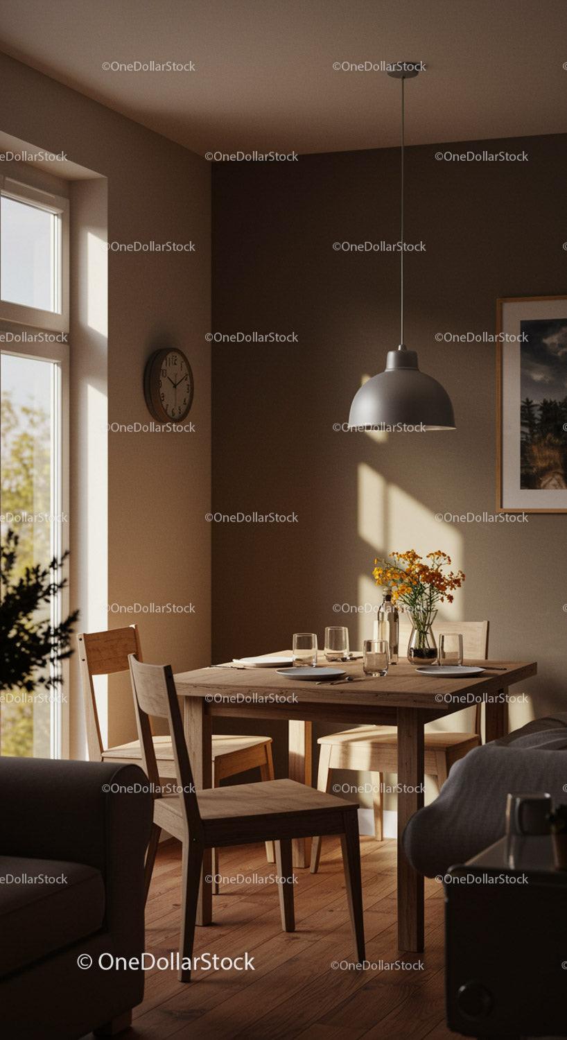 Cozy dining area with wooden furniture and warm sunlight