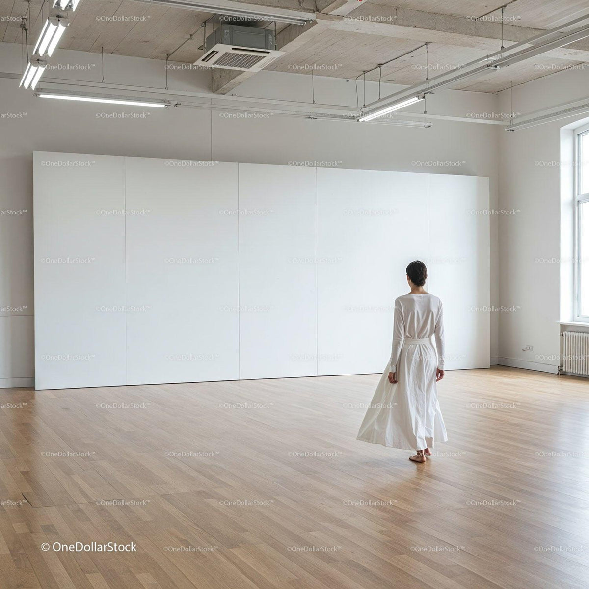Woman in White Dress Walking in Spacious Minimalist Room JPG Mockup Image preview