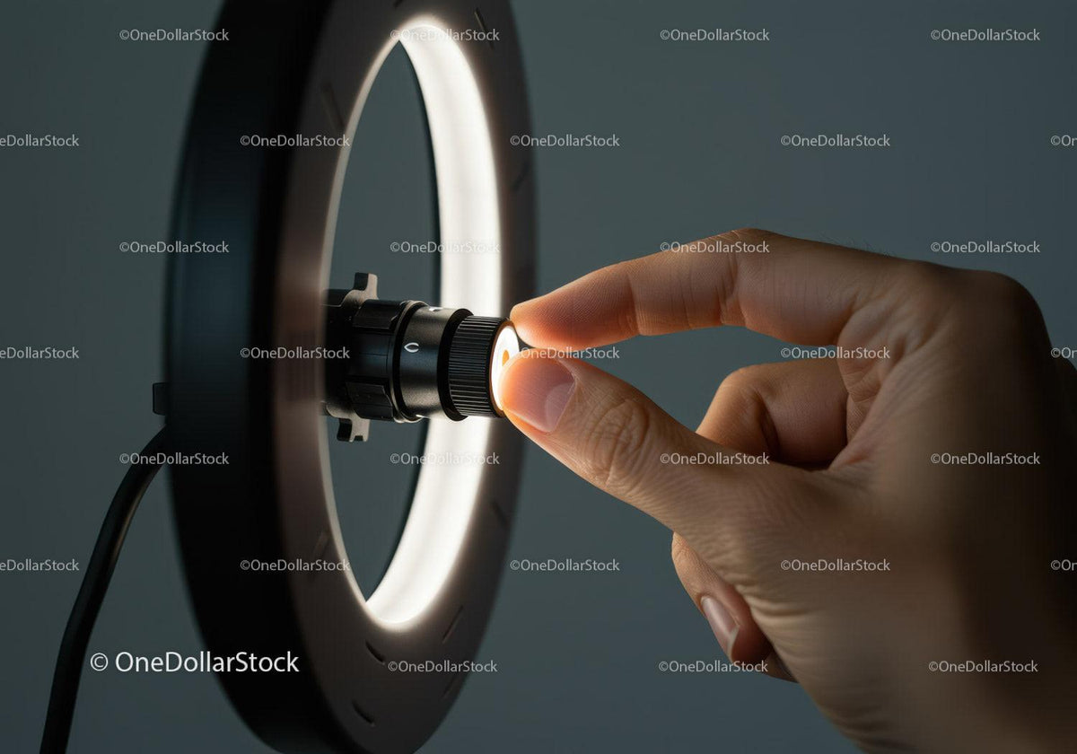 Close-up of Hand Adjusting Ring Light with Focus on Photography Equipment