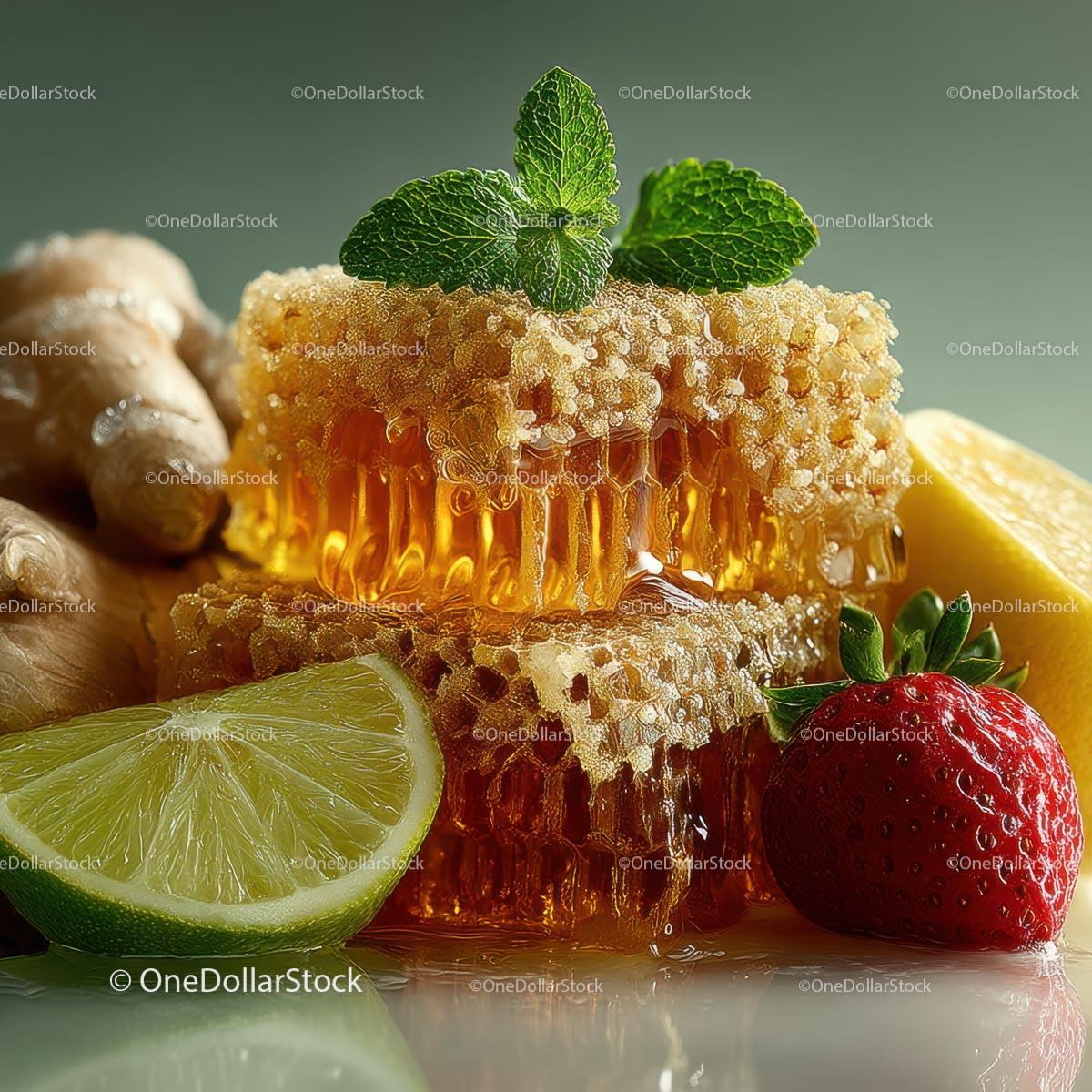Fresh Honeycomb with Strawberries and Lime Garnish Stock Photo Bundle preview 23