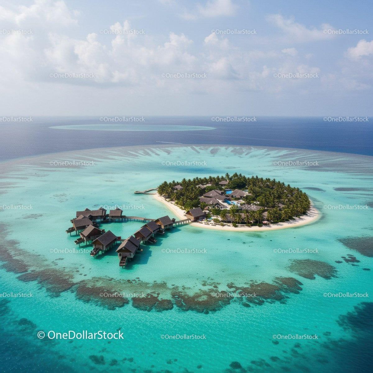 Overwater Bungalows on Turquoise Ocean with Scenic Island View