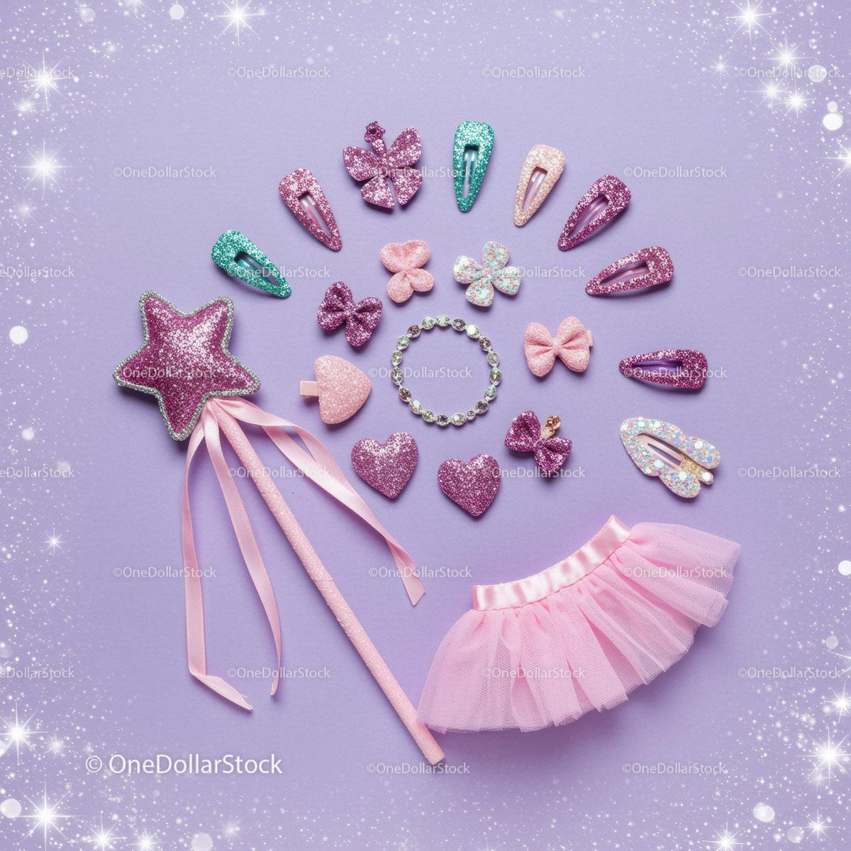Sparkling fairy costume accessories on purple background