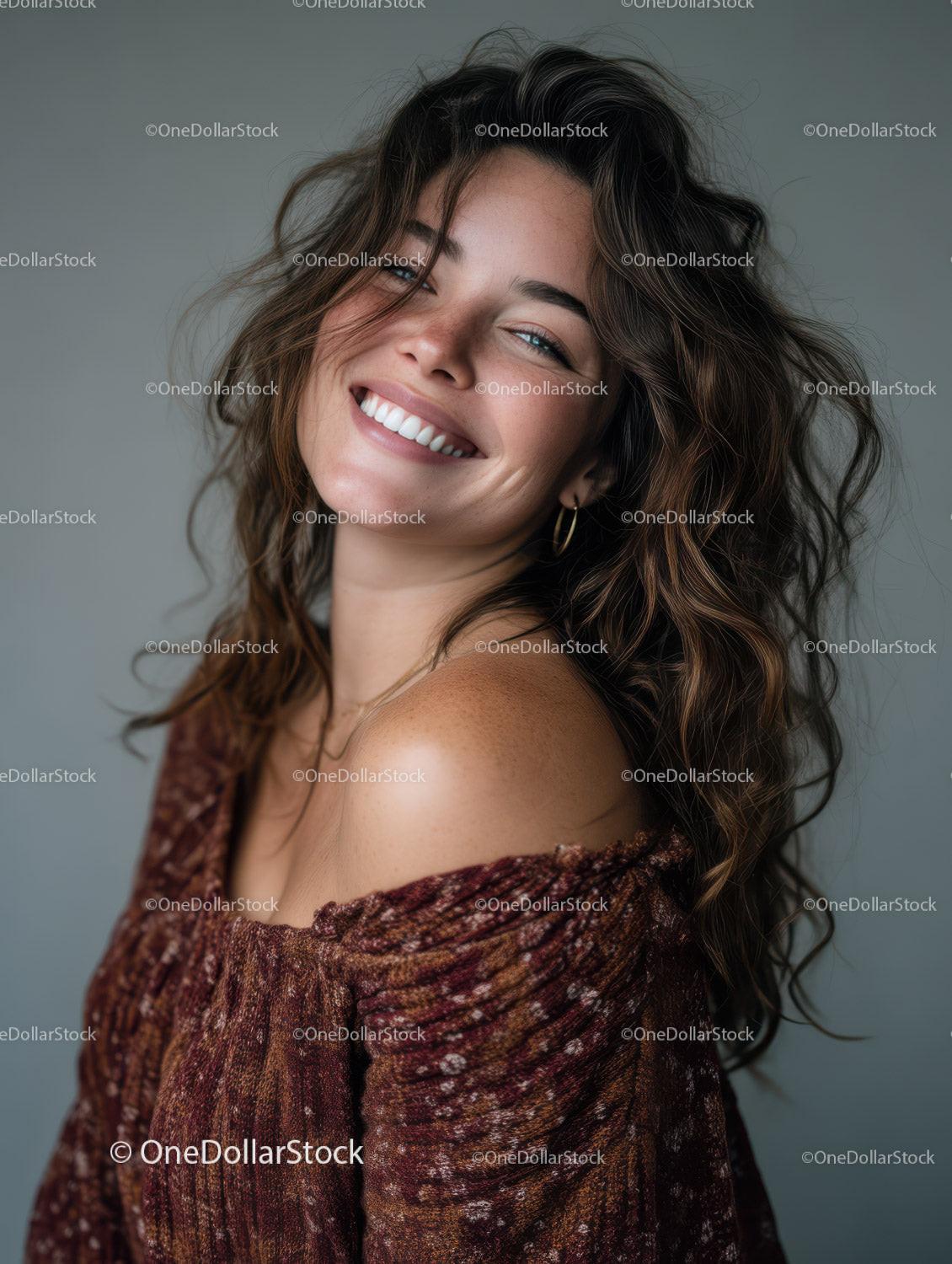Joyful Smiling Woman with Wavy Hair Wearing Cozy Sweater