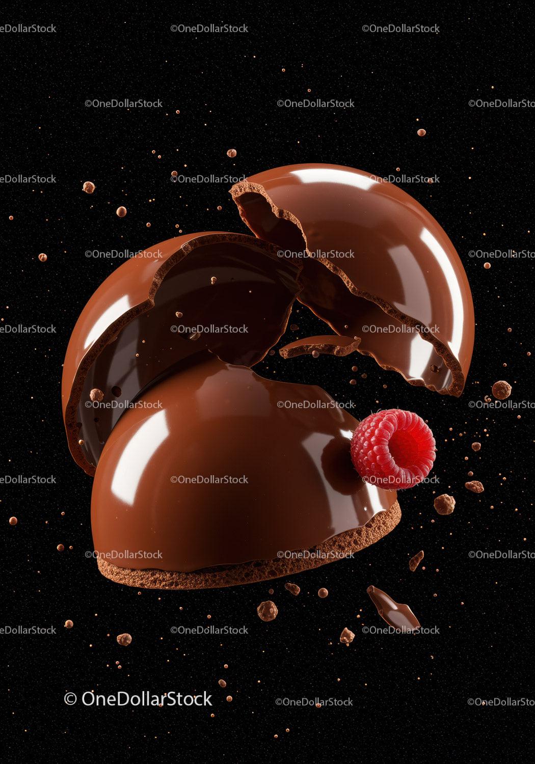 Broken Chocolate Sphere with Fresh Raspberry on Black Background