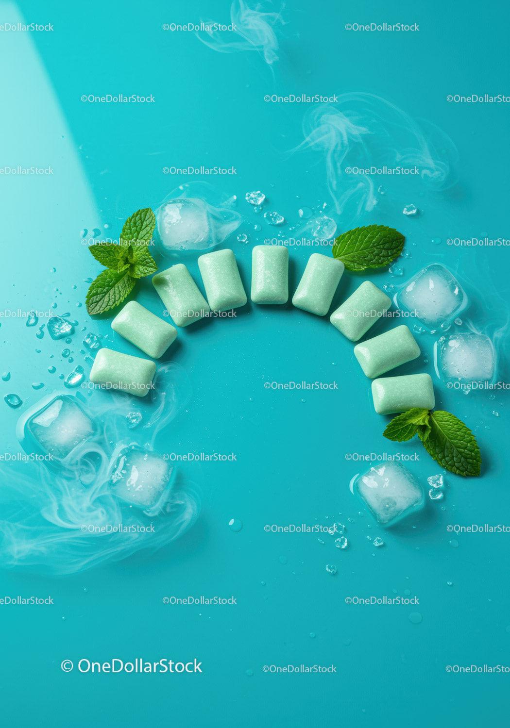 Mint Gum with Ice Cubes and Fresh Leaves on Blue Surface