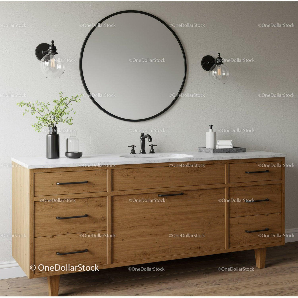 Elegant Wooden Bathroom Vanity with Round Mirror and Black Accents