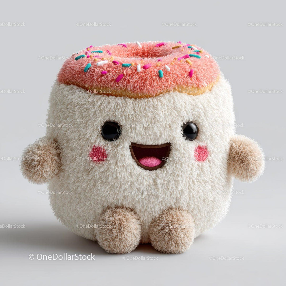 Cream fuzzy plush toy wearing pink donut hat with colorful sprinkles and smiling face
