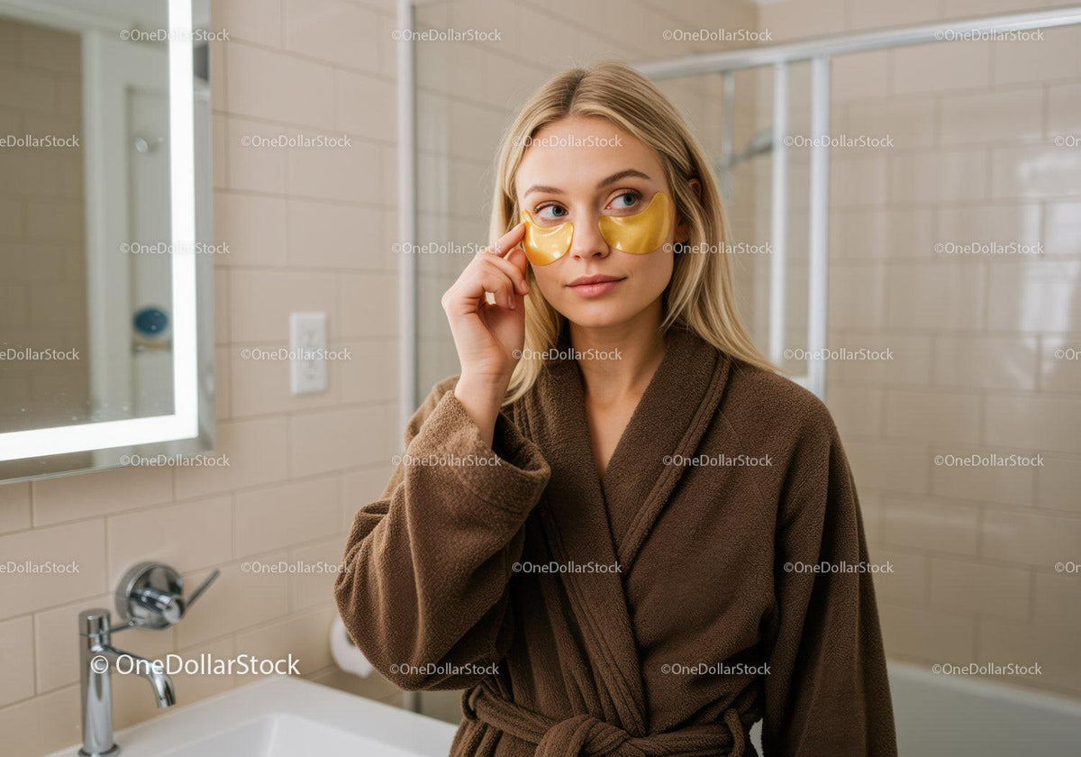 Woman in Brown Bathrobe Applying Eye Mask for Skincare Treatment