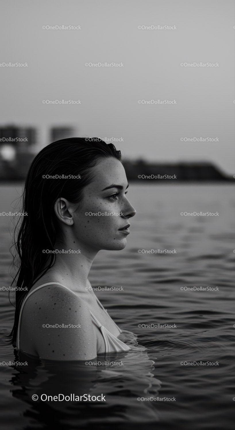 Serene Female Portrait in Water with Urban Background Stock Photo Bundle preview 10