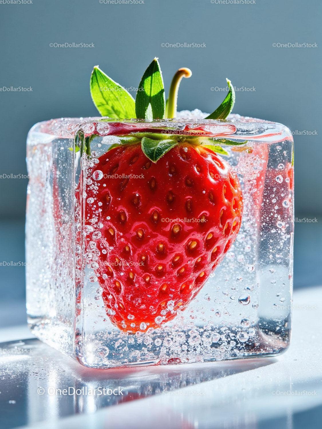Fresh strawberry frozen inside clear ice cube