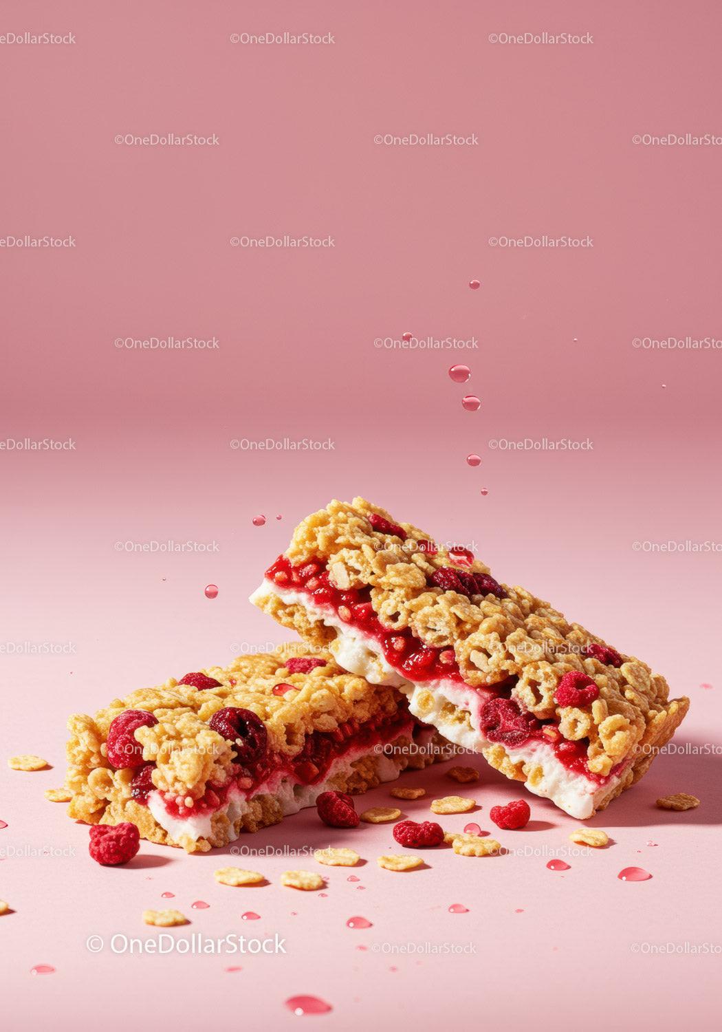 Crispy Berry Granola Bars on Pink Background