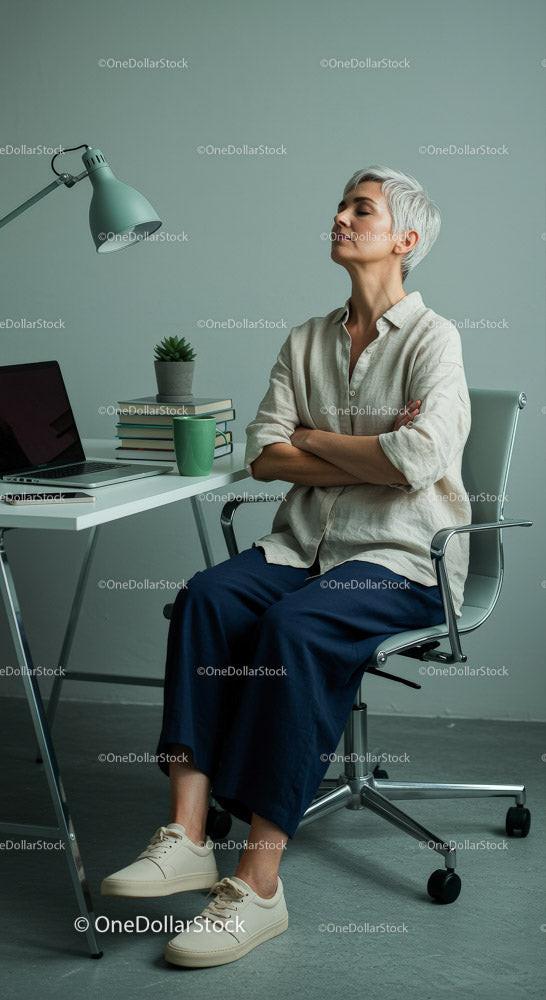 Thoughtful Woman Enjoying Peaceful Moment in Modern Office Stock Photo Bundle preview 12