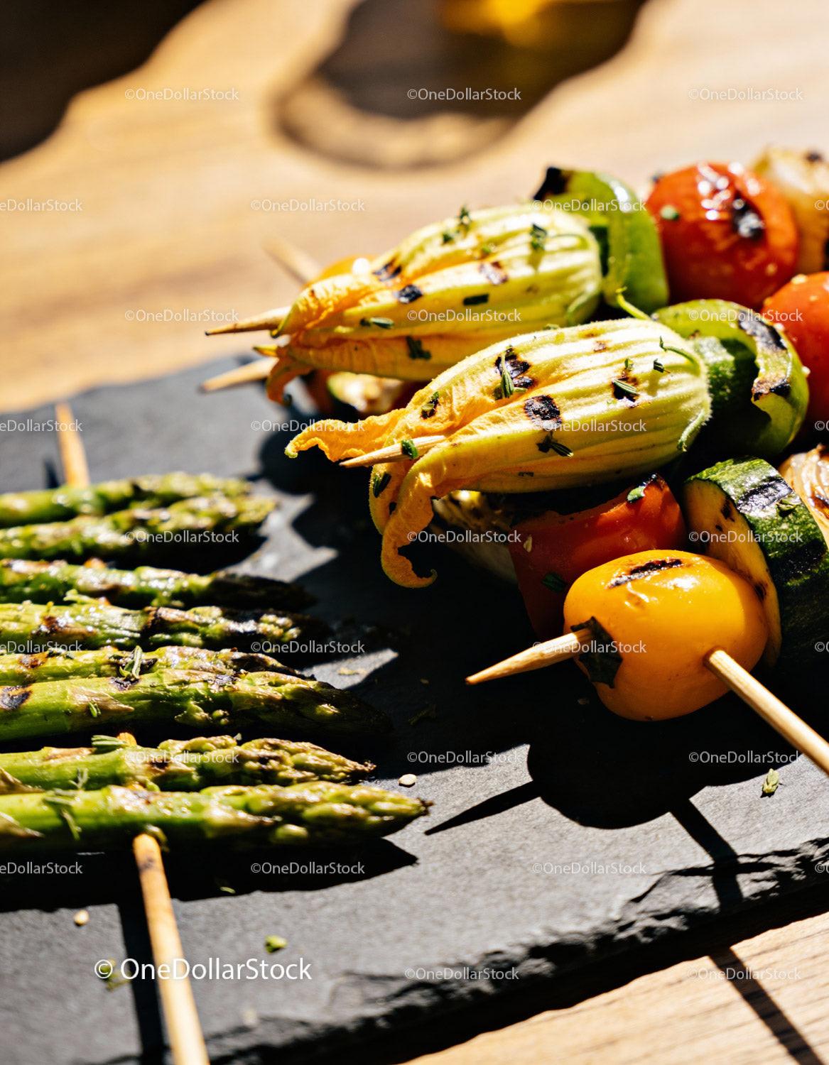 Grilled vegetable skewers with fresh asparagus and zucchini
